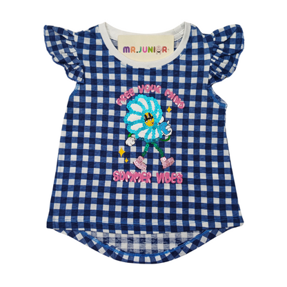 Check Blue Print Girls Sequin Tee